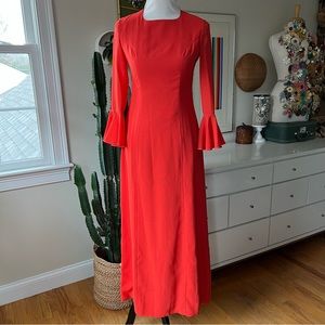Vintage 60s/70s Poppy Red-Orange Bias Cut Bell Sleeve Crepe Maxi Gown